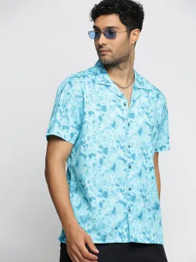 Men Blue Cuban Collar Abstract Shirt