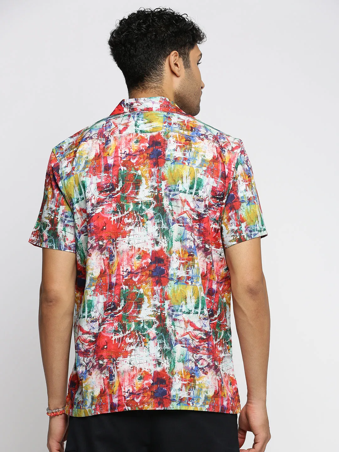 Men Coral Cuban Collar Abstract Shirt