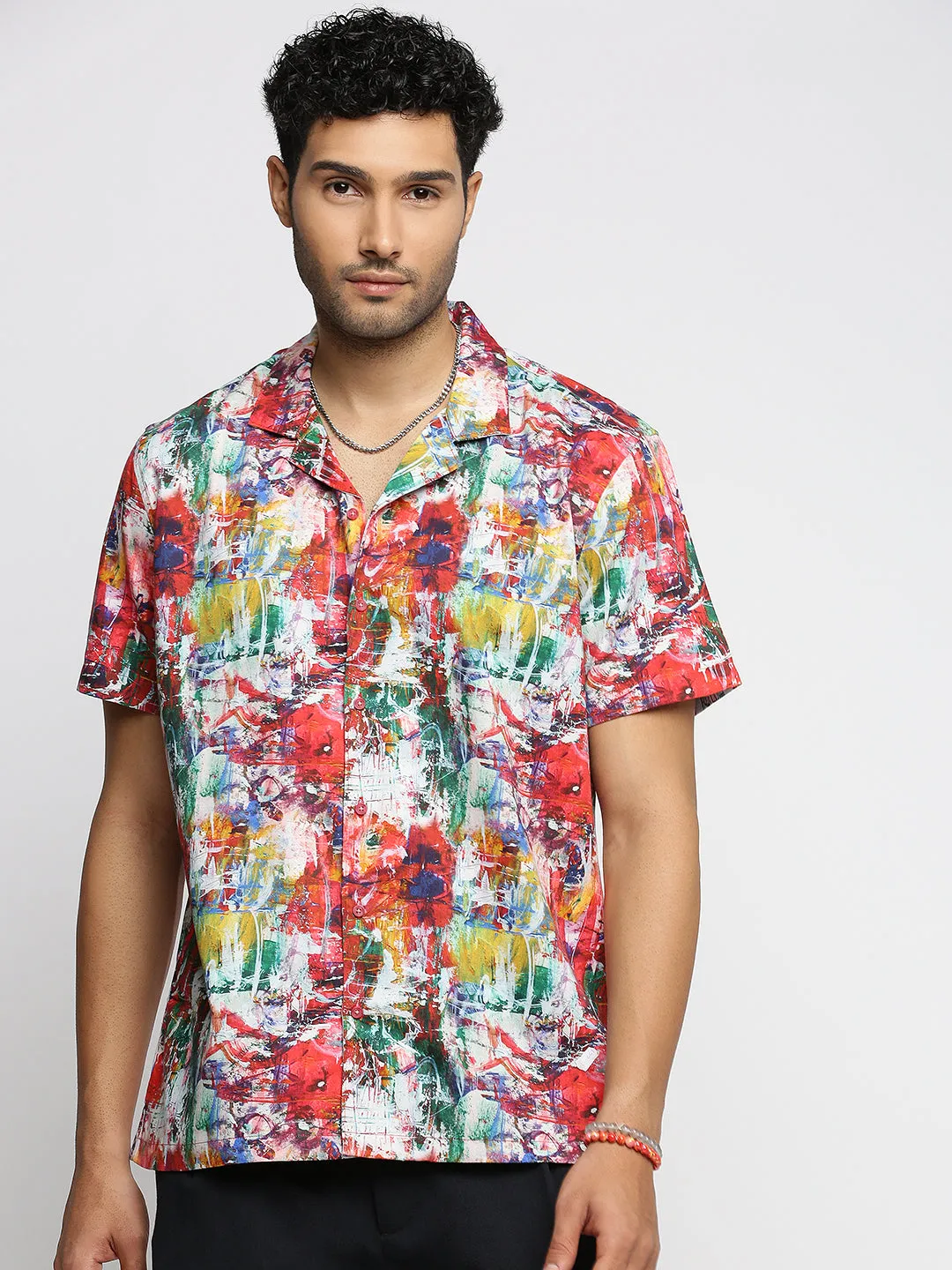 Men Coral Cuban Collar Abstract Shirt