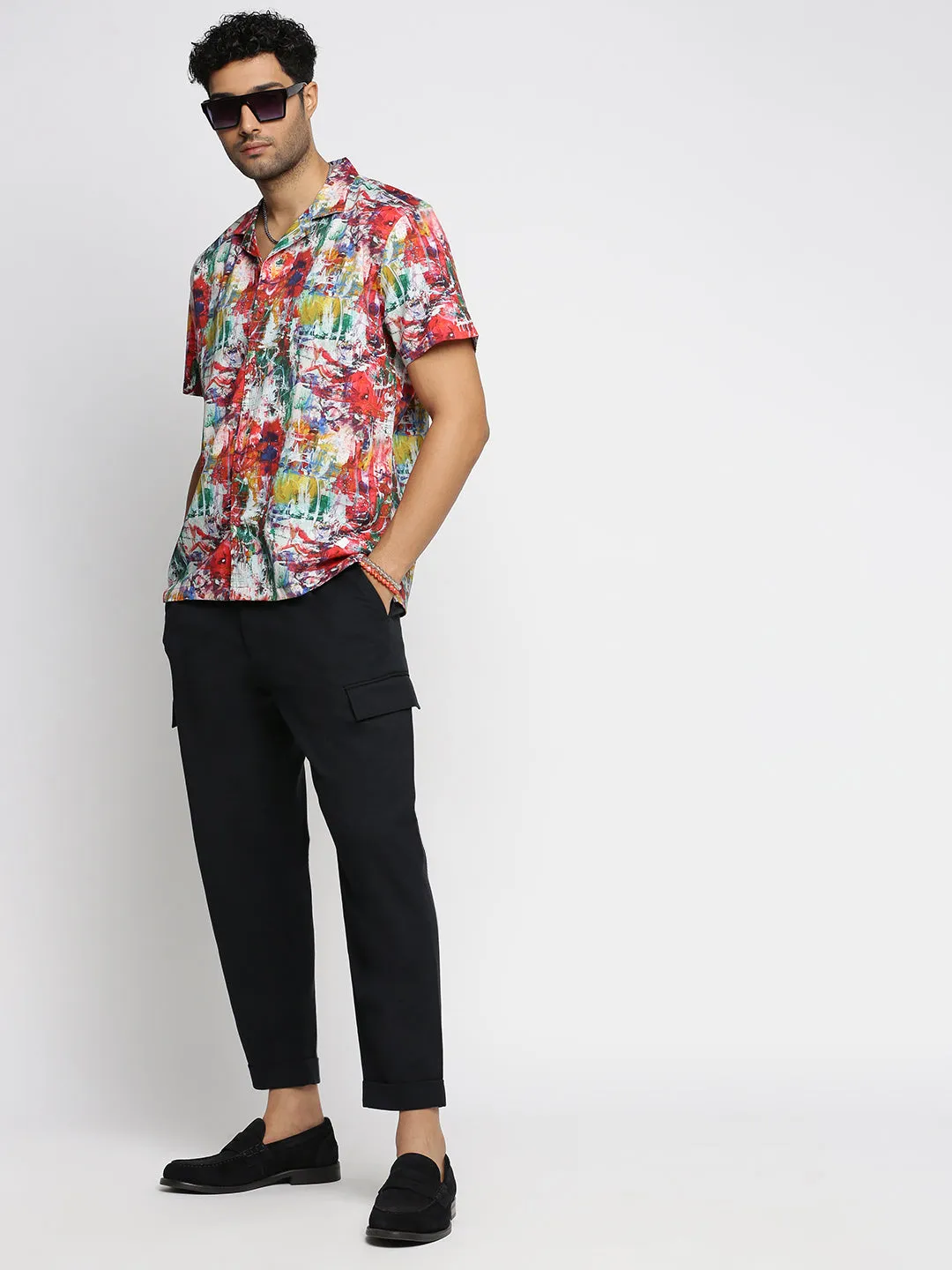 Men Coral Cuban Collar Abstract Shirt