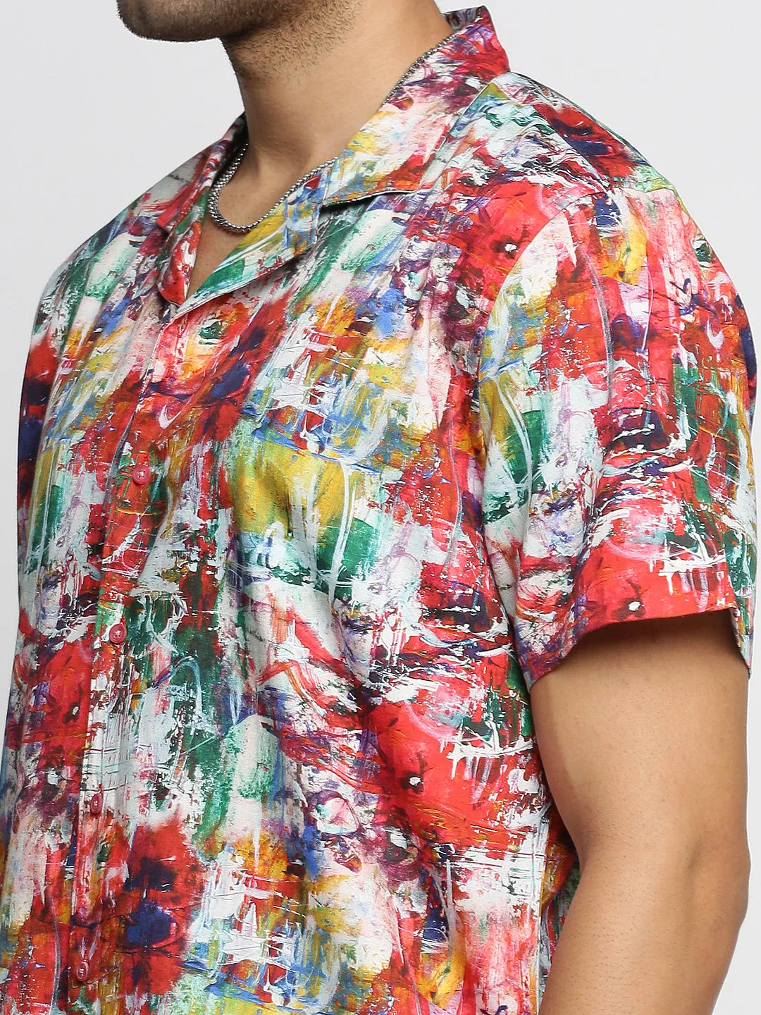 Men Coral Cuban Collar Abstract Shirt