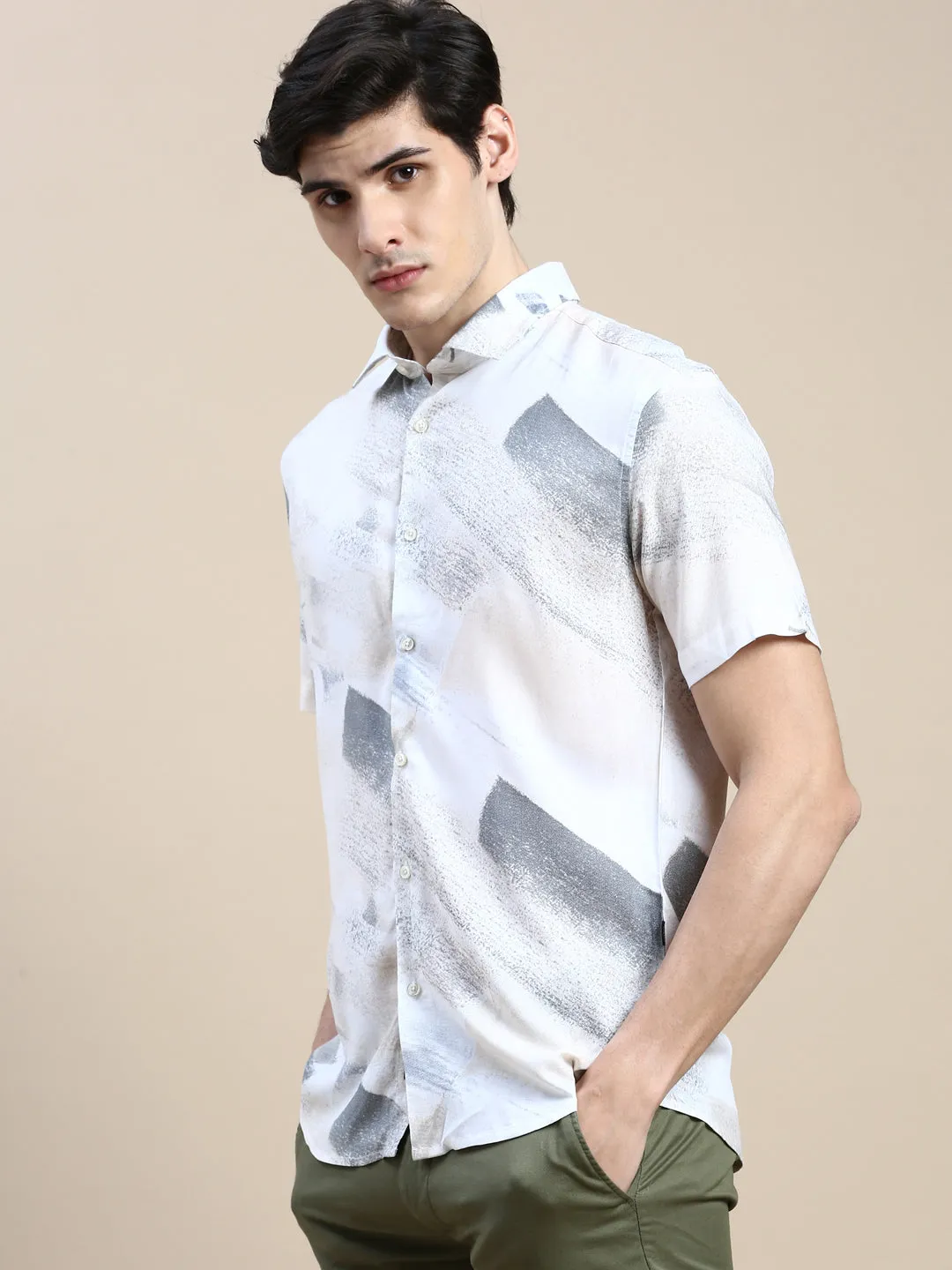 Men Cream Graphics Casual Shirt