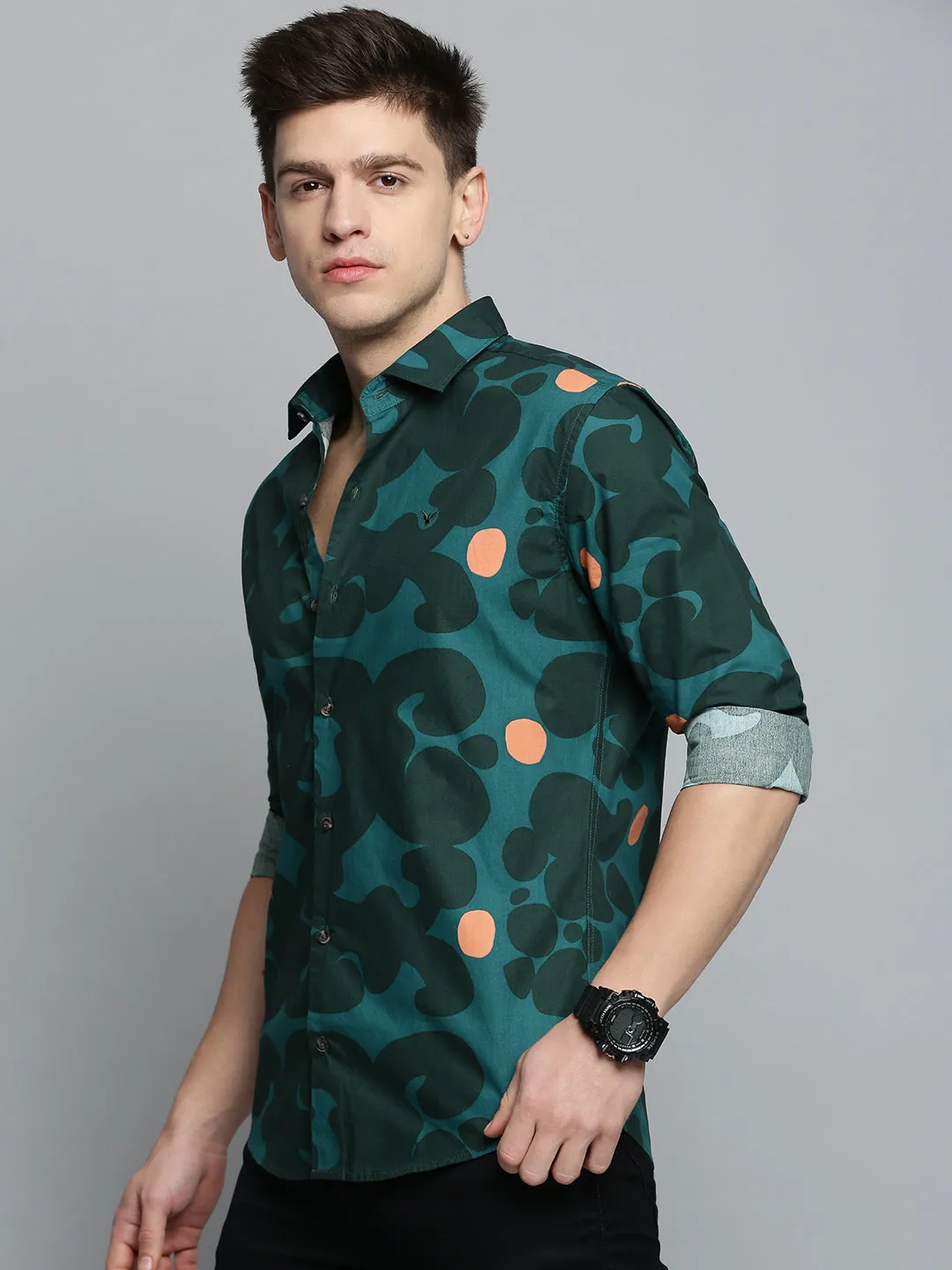 Men Green Colourblock Casual Shirt