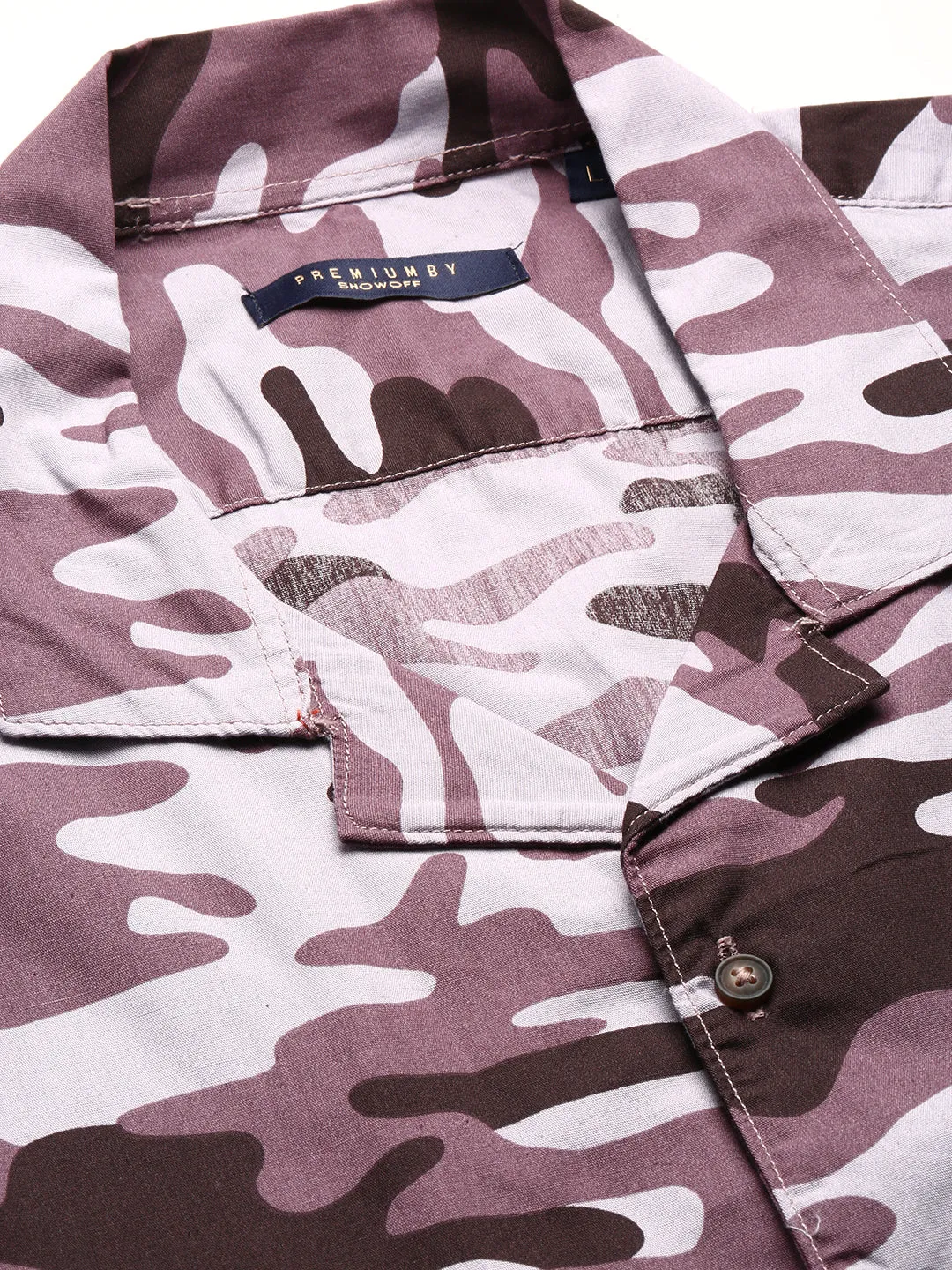 Men Lavender Cuban Collar Camouflage Shirt