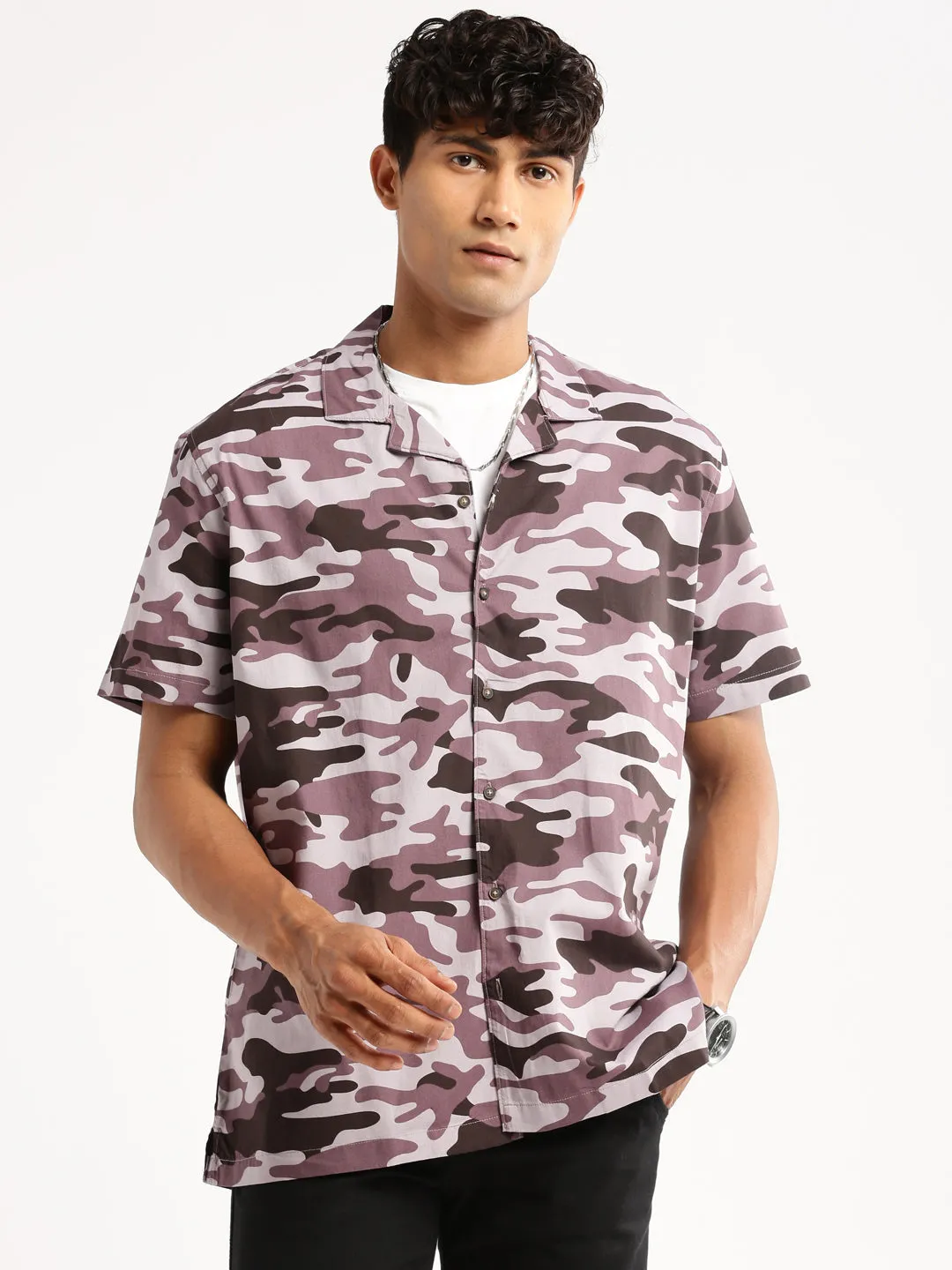 Men Lavender Cuban Collar Camouflage Shirt