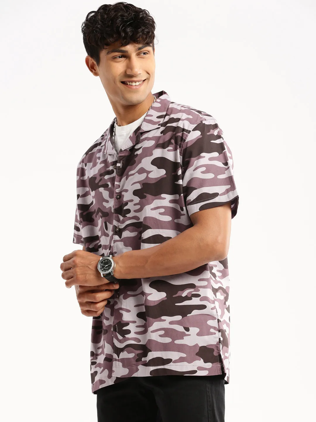 Men Lavender Cuban Collar Camouflage Shirt