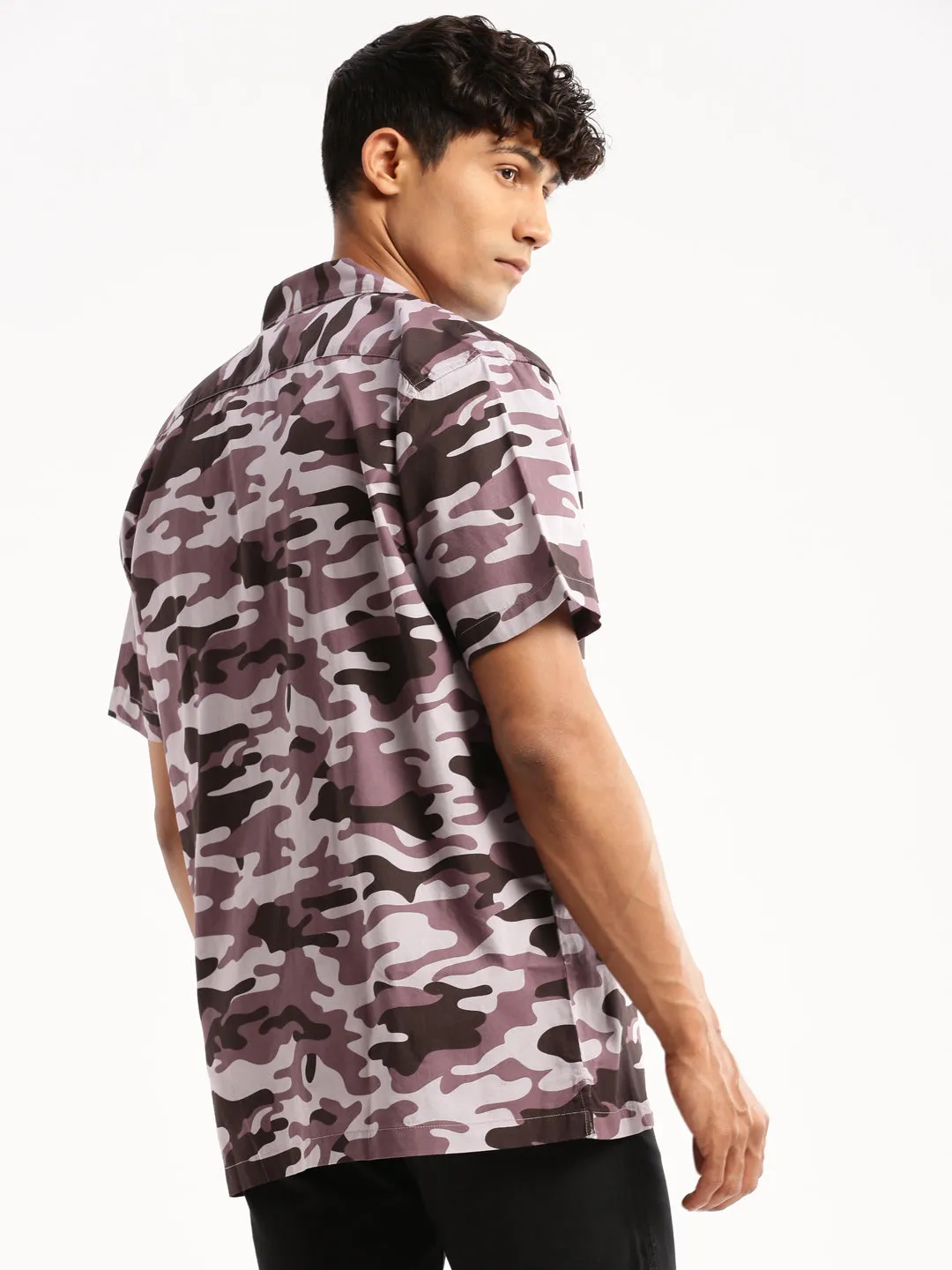 Men Lavender Cuban Collar Camouflage Shirt