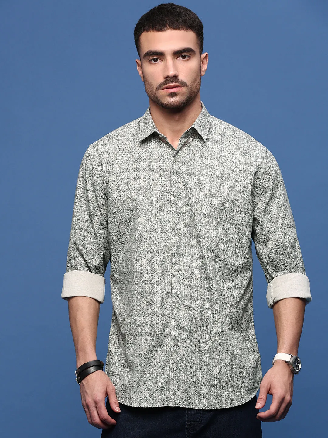 Men Olive Abstract Slim Fit Shirt