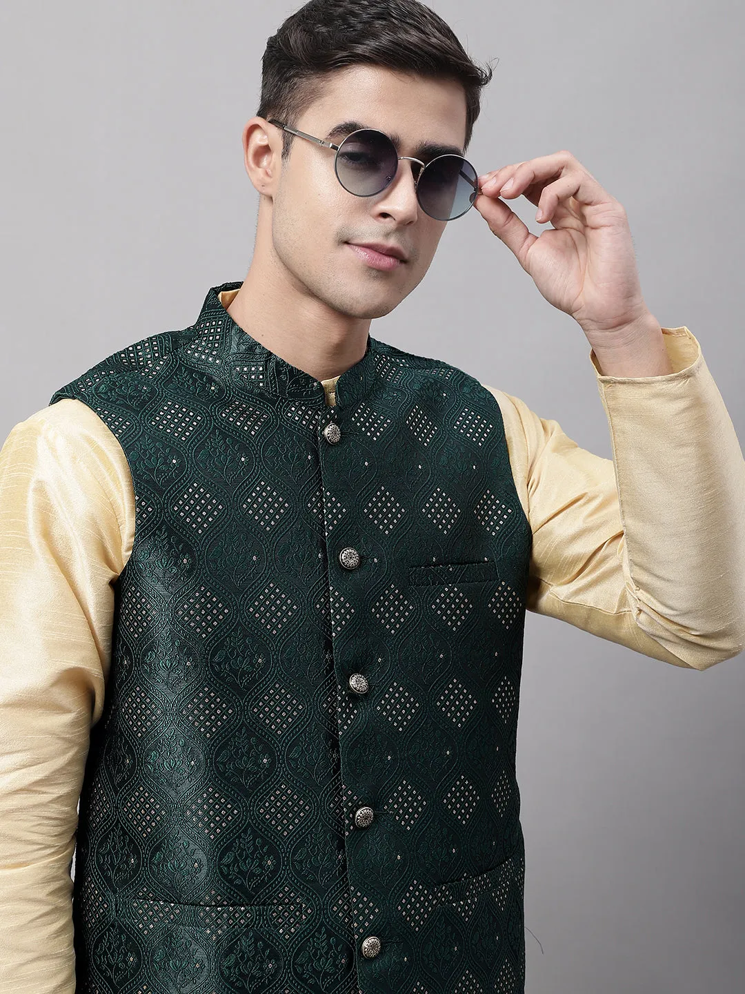 Men Olive Green Woven Design Waistcoats