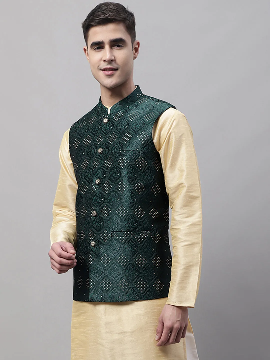 Men Olive Green Woven Design Waistcoats