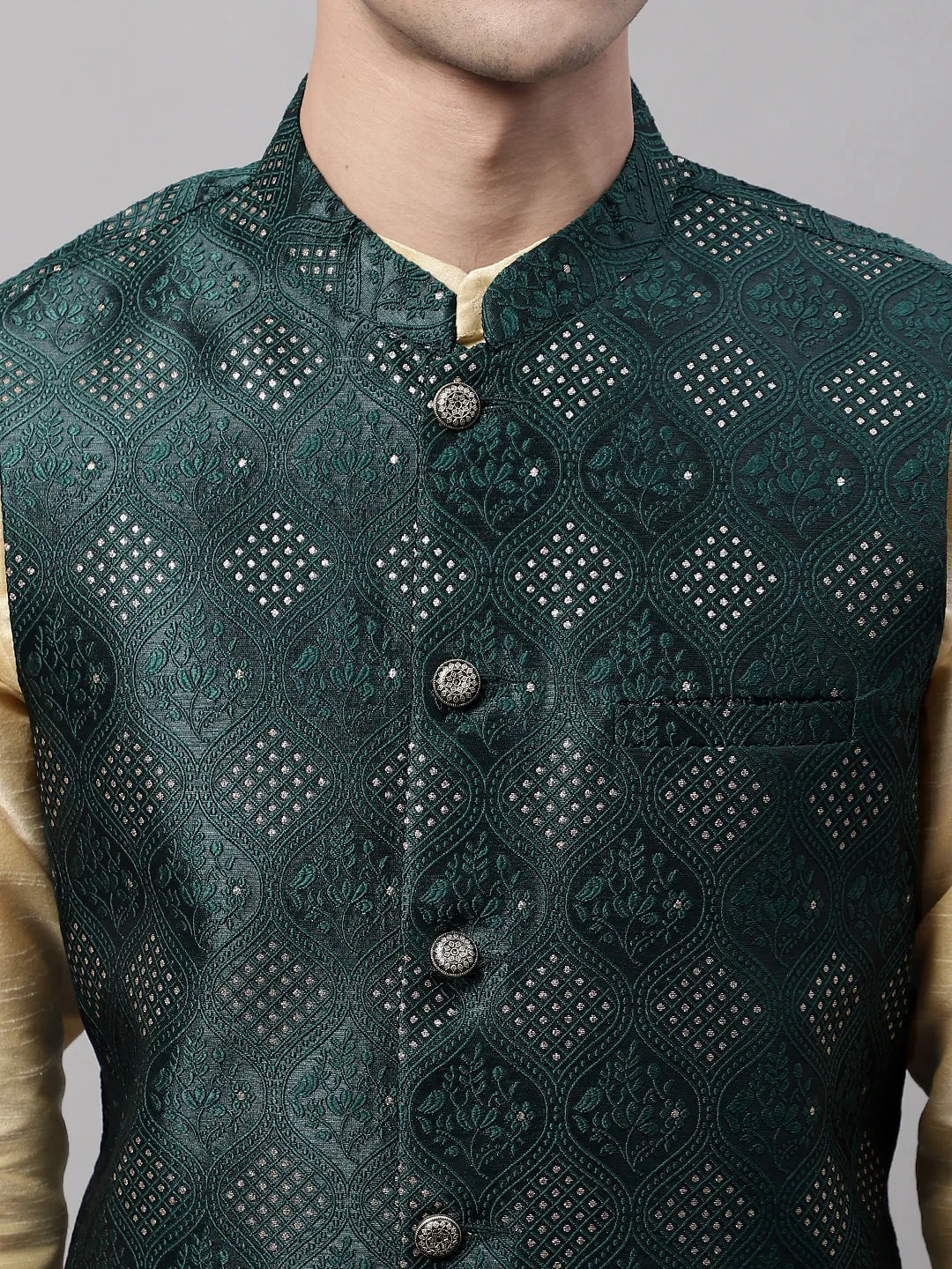 Men Olive Green Woven Design Waistcoats