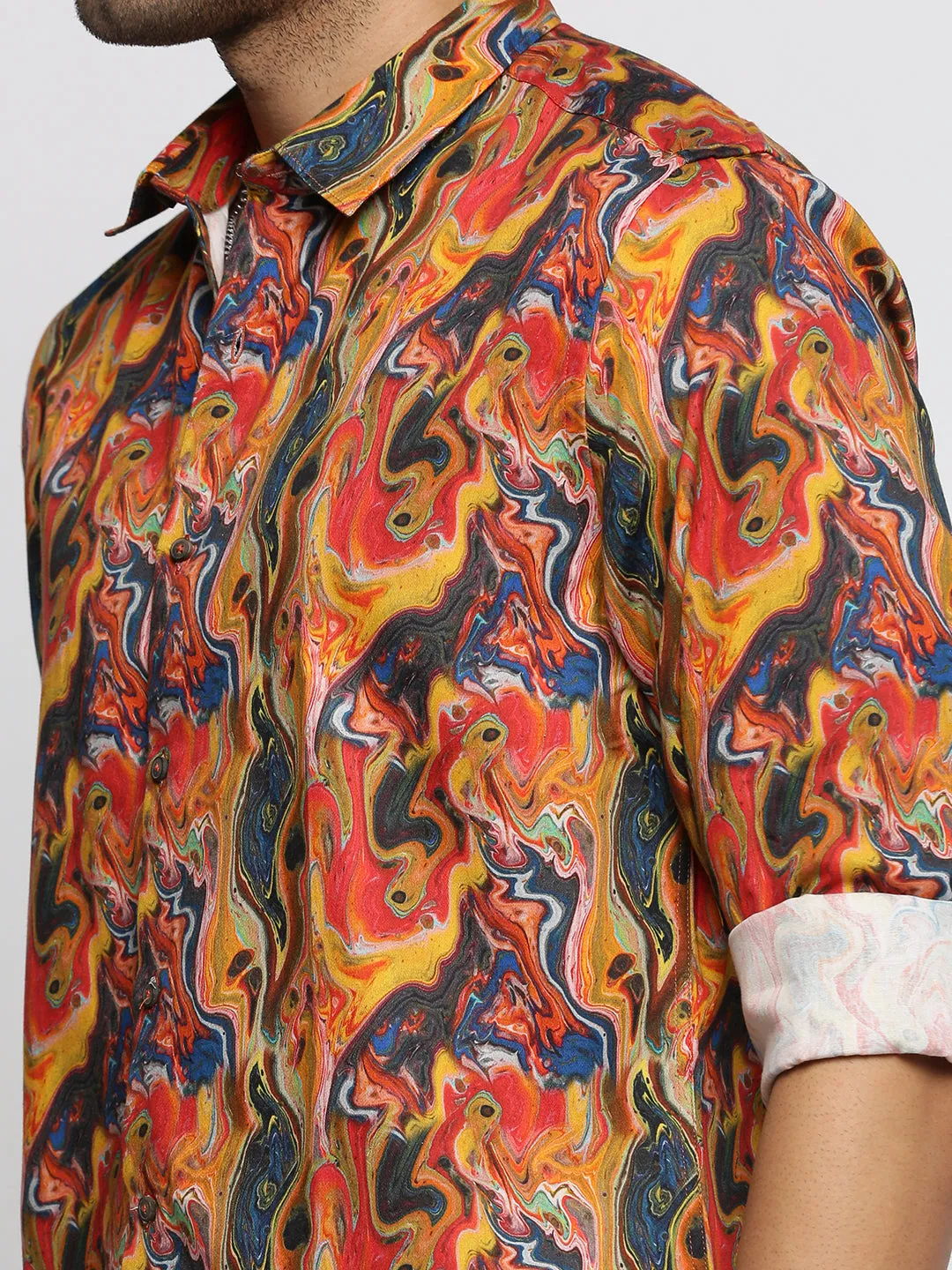 Men Orange Spread Collar Abstract Shirt