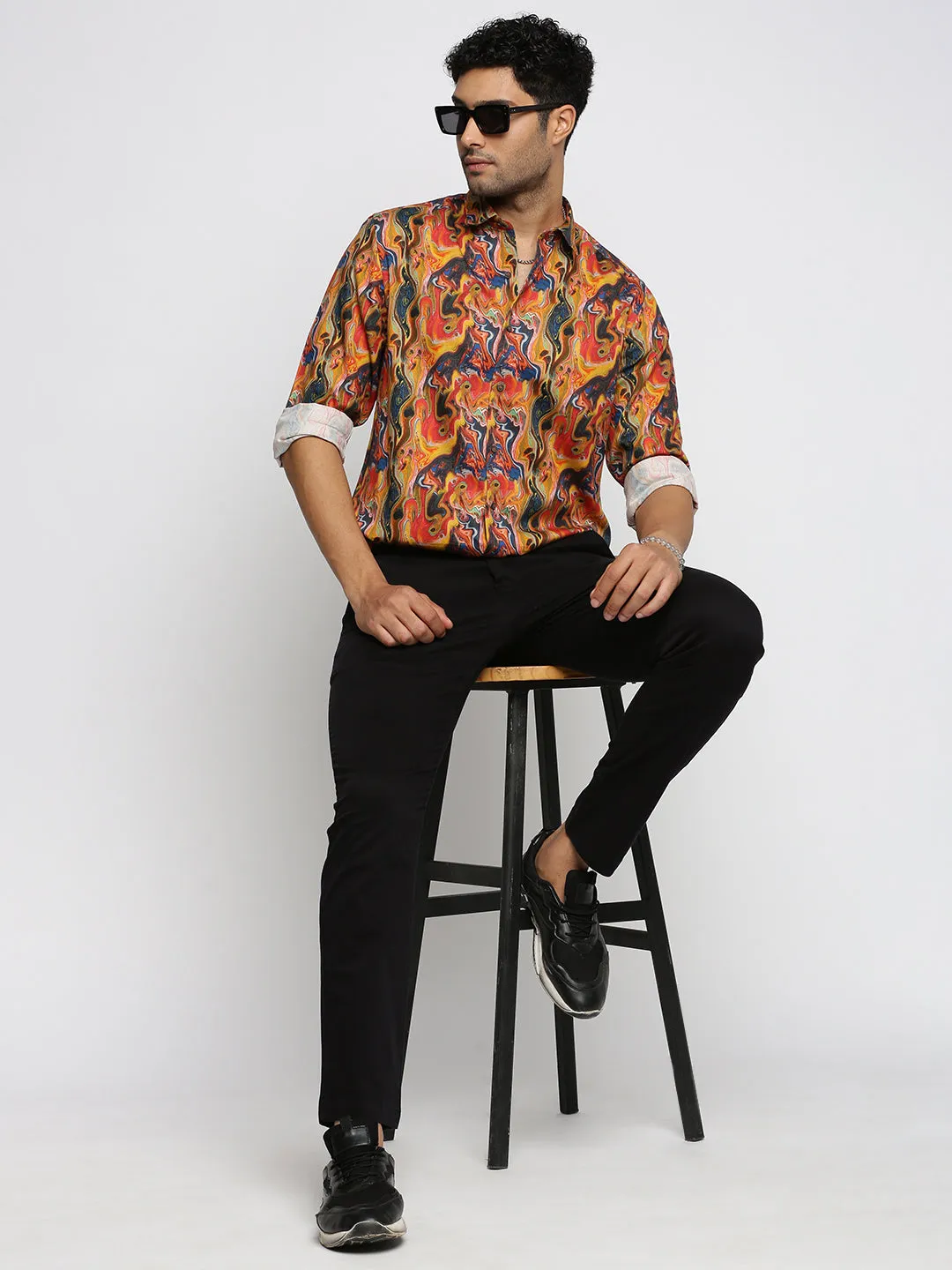 Men Orange Spread Collar Abstract Shirt