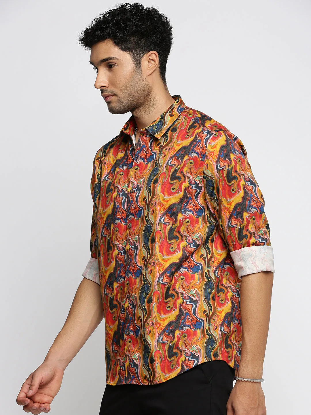 Men Orange Spread Collar Abstract Shirt