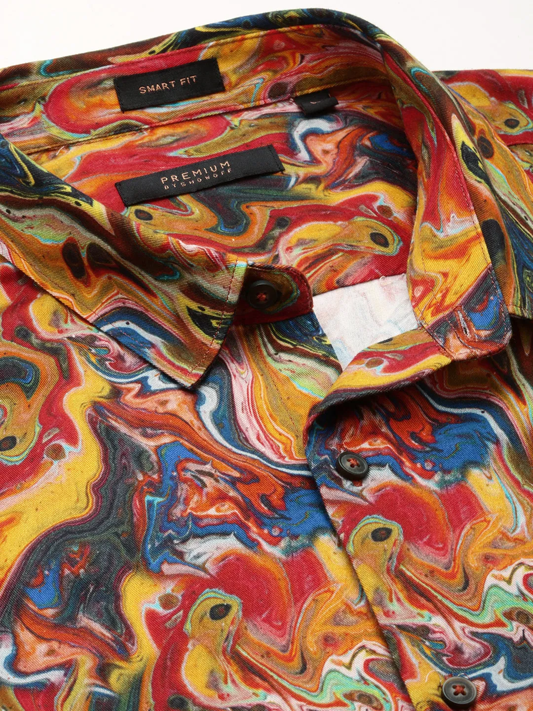 Men Orange Spread Collar Abstract Shirt