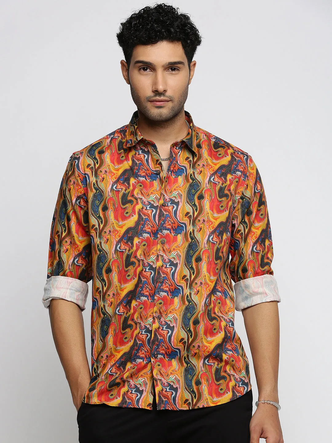 Men Orange Spread Collar Abstract Shirt