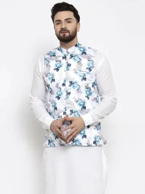 Men Silver Printed Satin Nehru Jacket