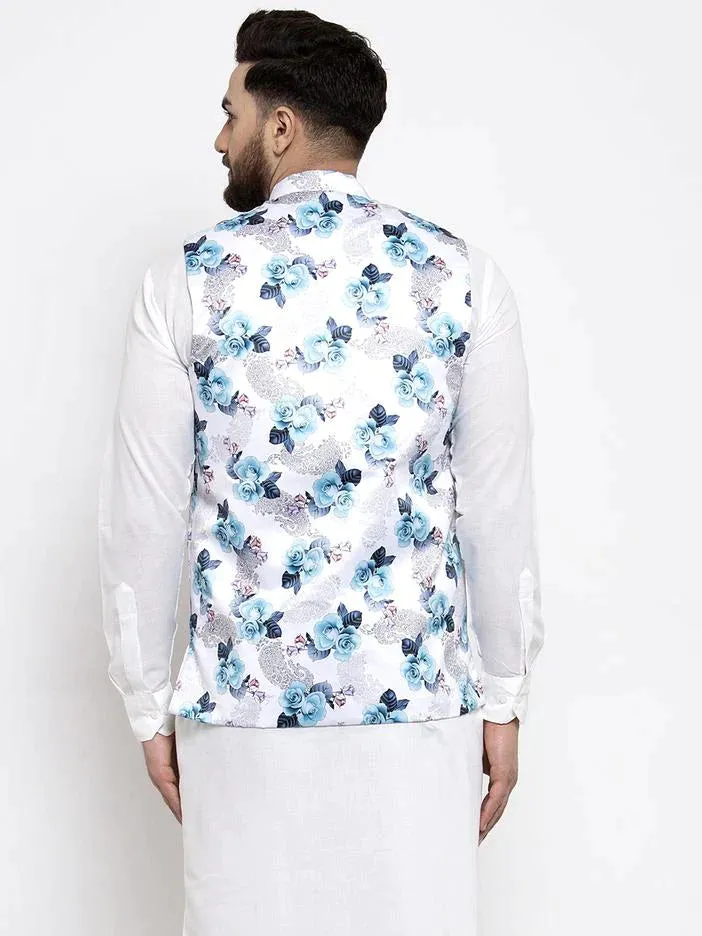 Men Silver Printed Satin Nehru Jacket