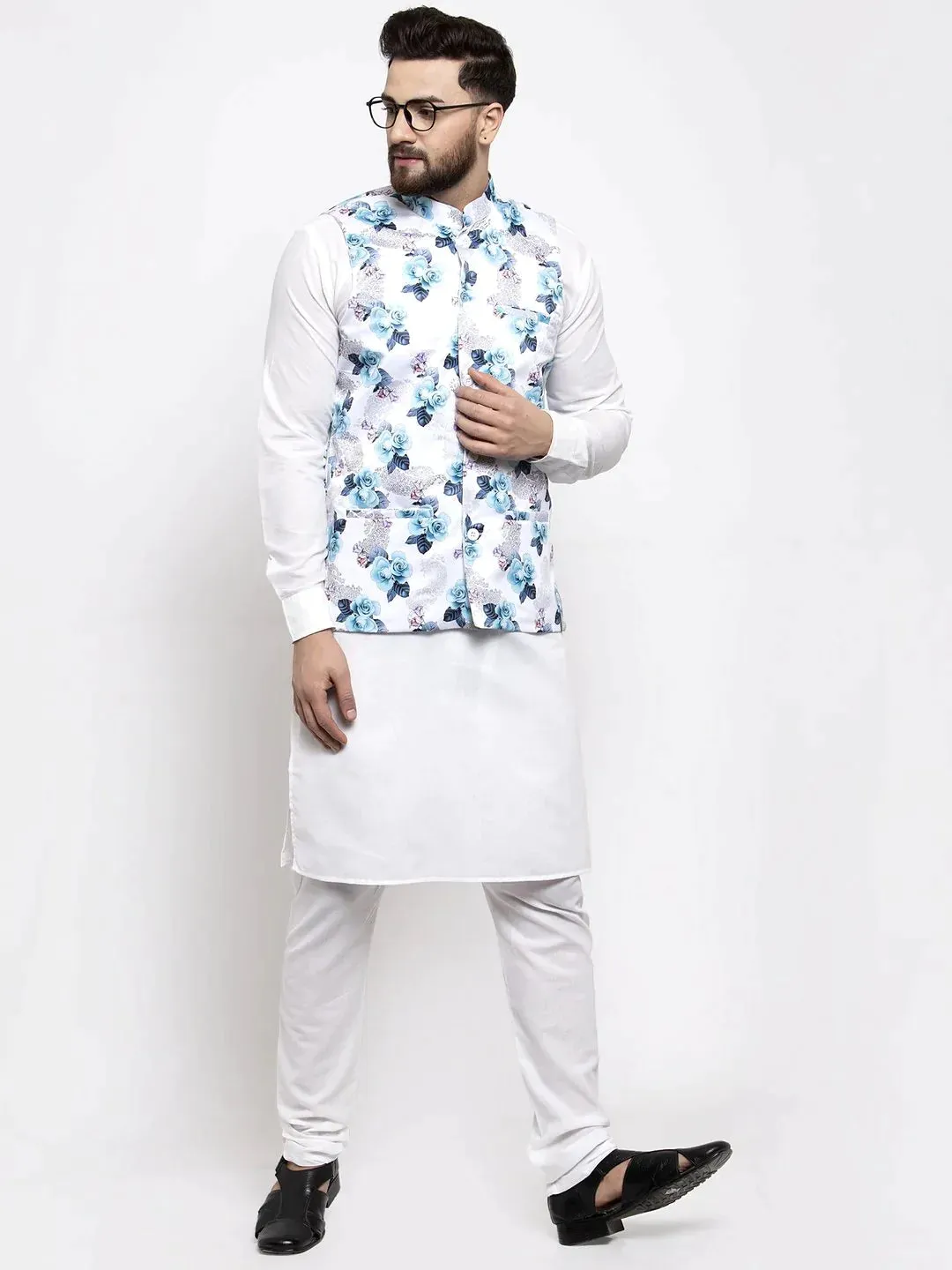 Men Silver Printed Satin Nehru Jacket