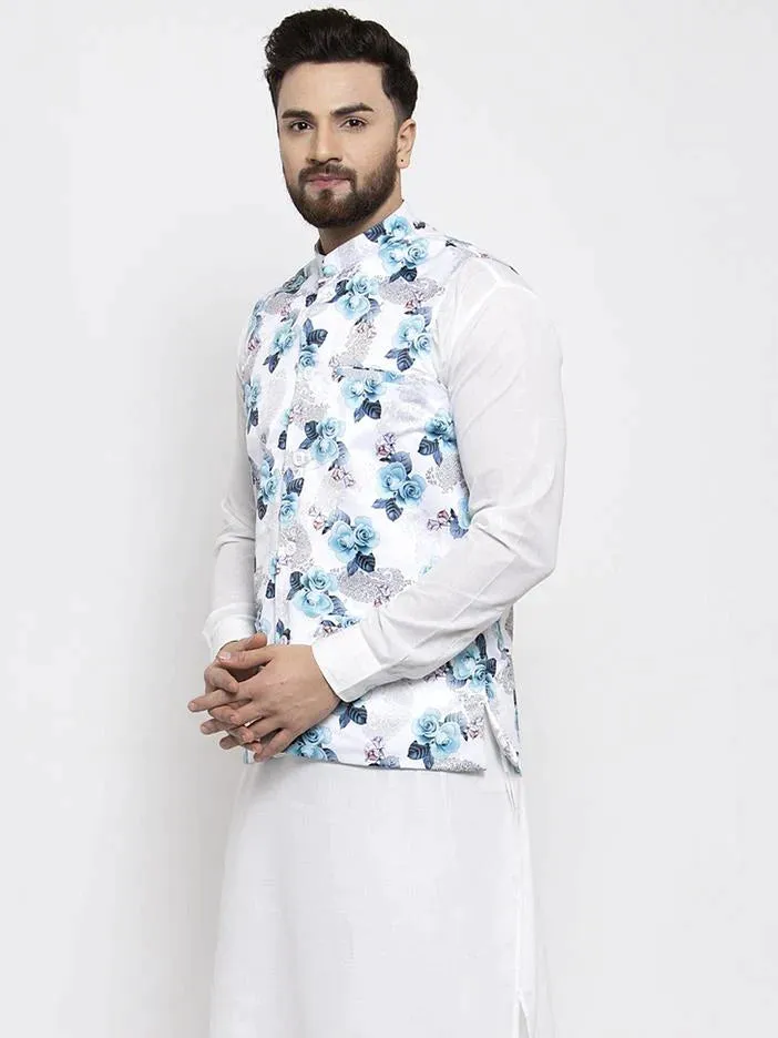 Men Silver Printed Satin Nehru Jacket