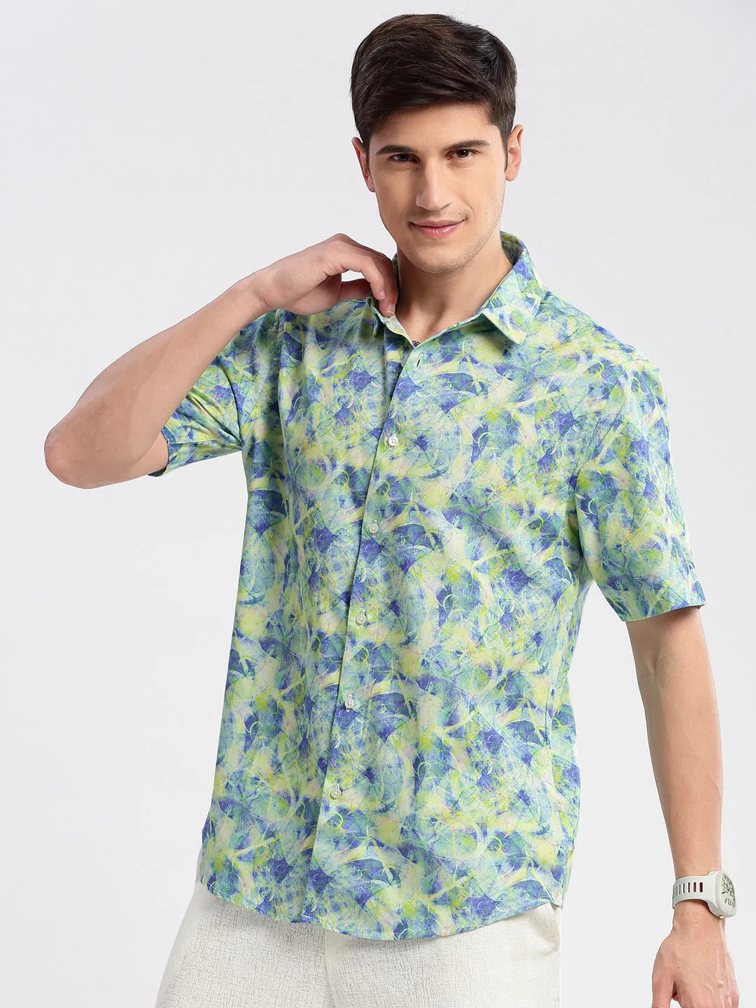 Men Spread Collar Abstract Green Casual Shirt