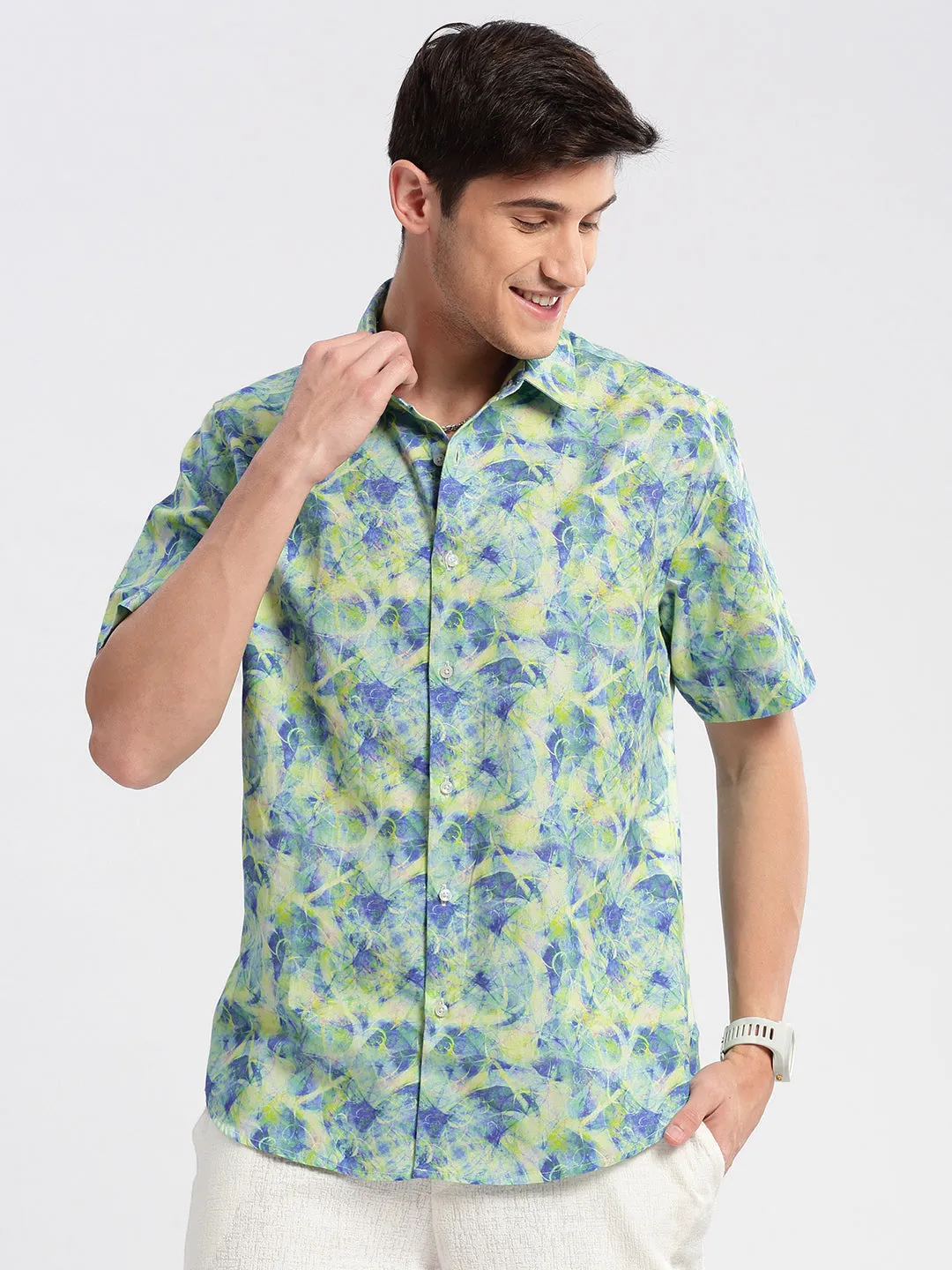 Men Spread Collar Abstract Green Casual Shirt