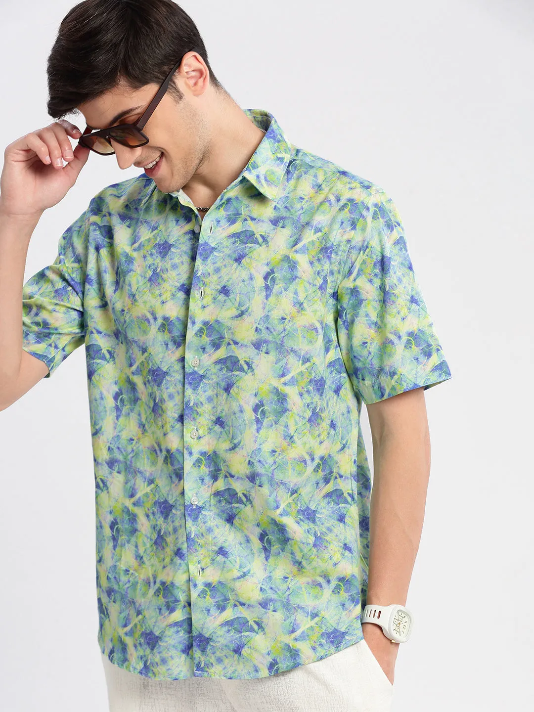 Men Spread Collar Abstract Green Casual Shirt