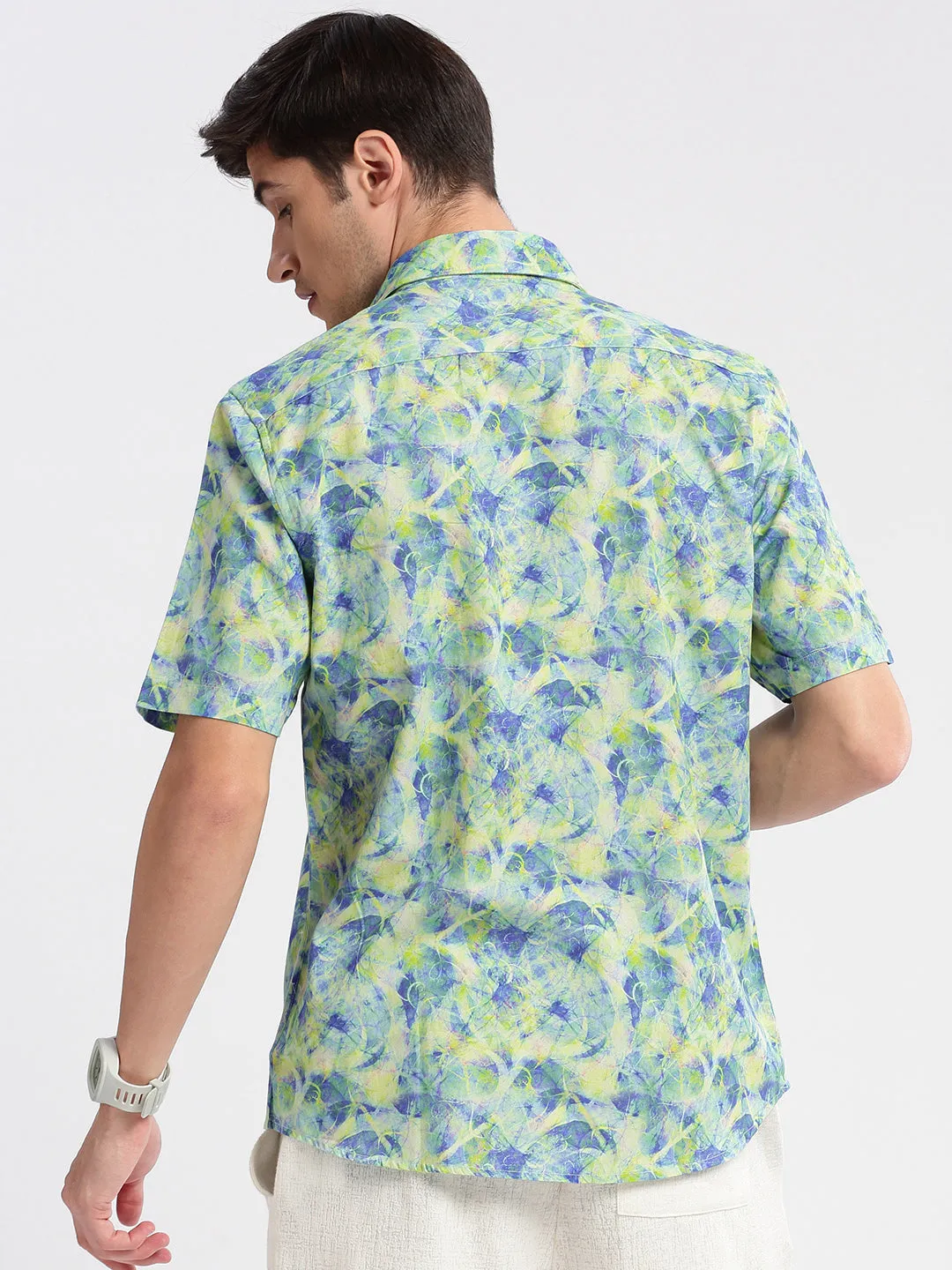 Men Spread Collar Abstract Green Casual Shirt