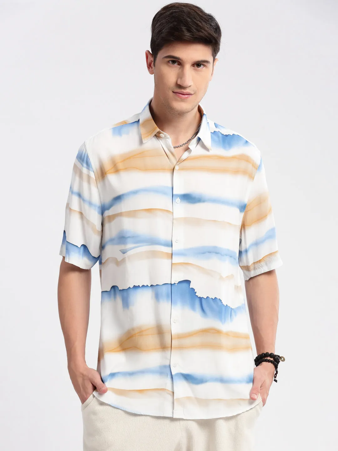 Men Spread Collar Abstract Off White Casual Shirt