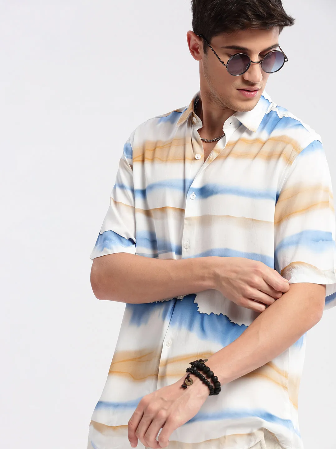 Men Spread Collar Abstract Off White Casual Shirt