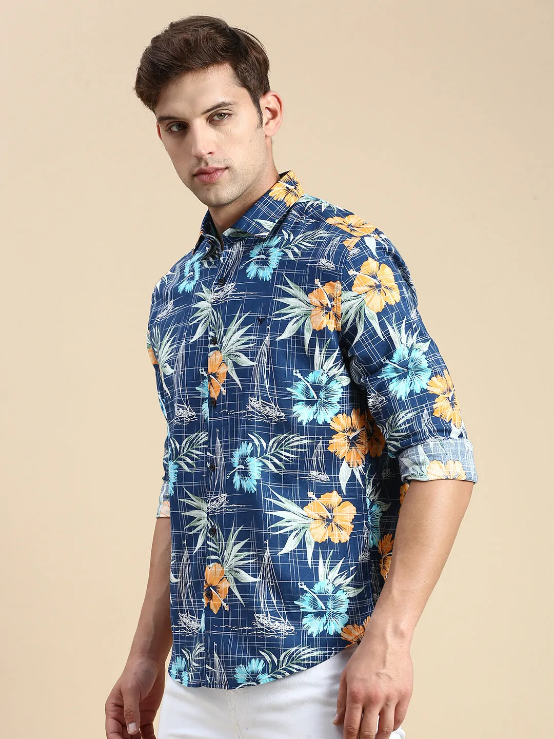 Men Teal Printed Casual Shirt