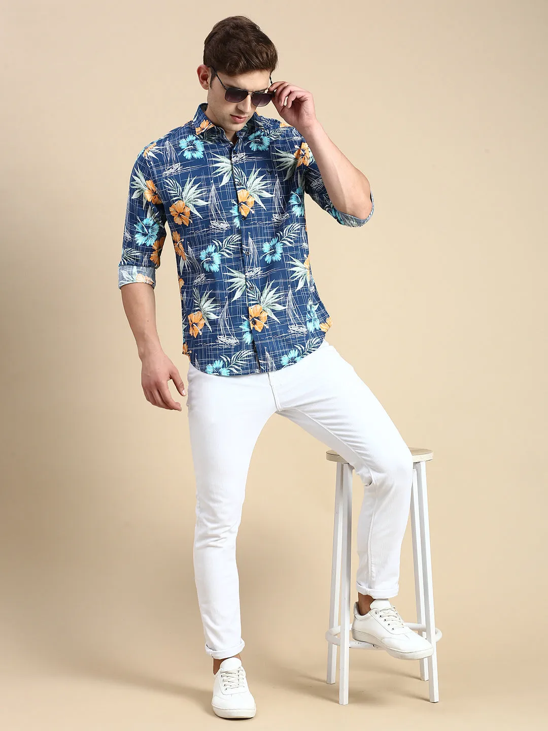 Men Teal Printed Casual Shirt