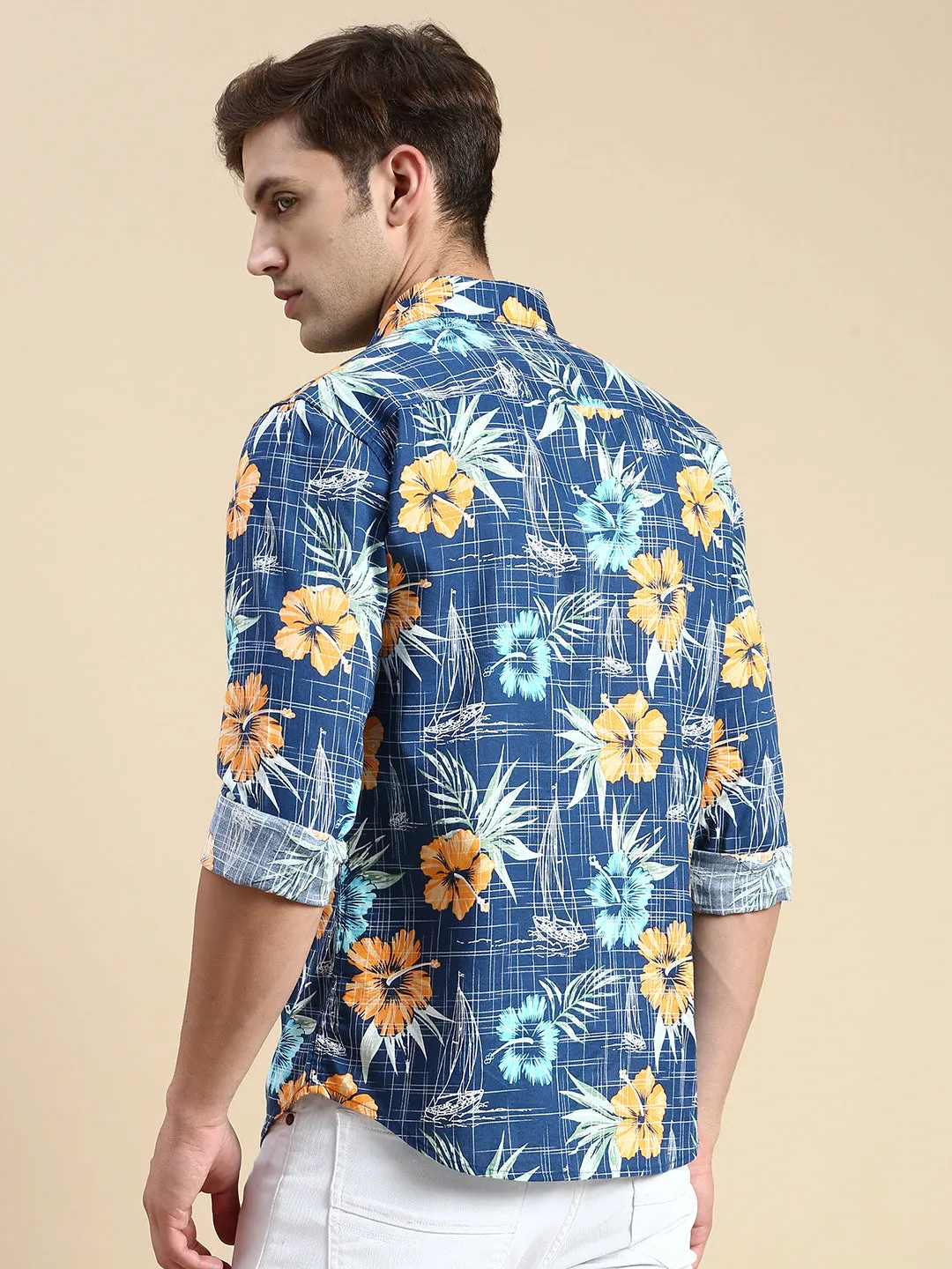 Men Teal Printed Casual Shirt