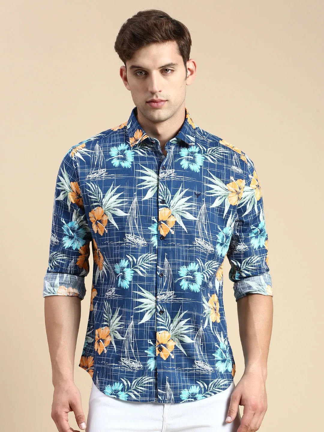 Men Teal Printed Casual Shirt