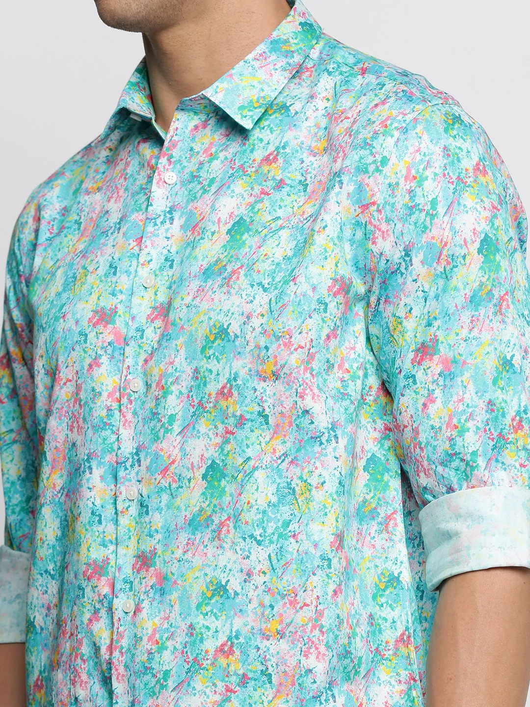 Men Turquoise Blue Spread Collar Abstract Shirt