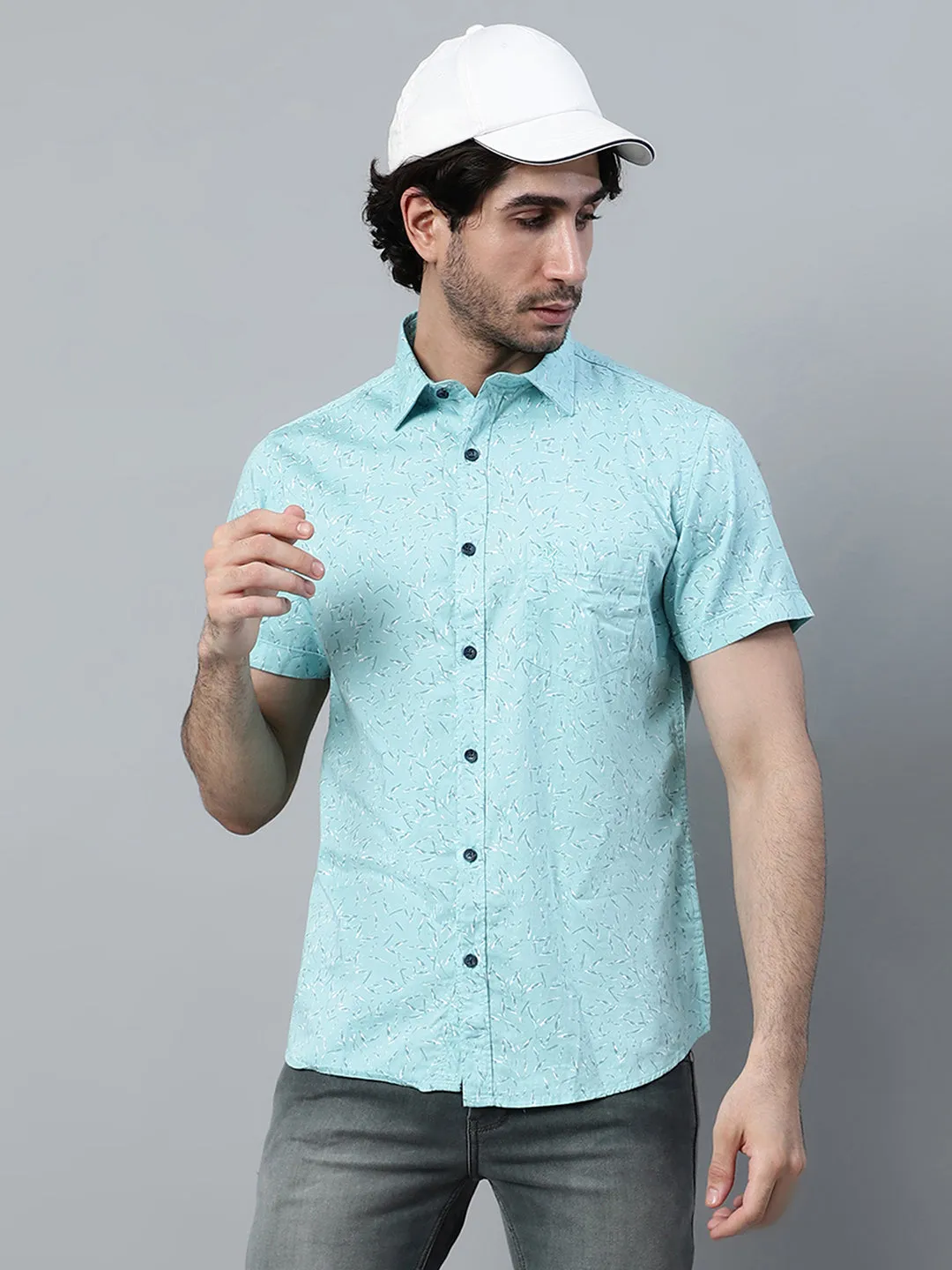 Men's Aqua Blue Casual Abstract Print Half Sleeve Shirt