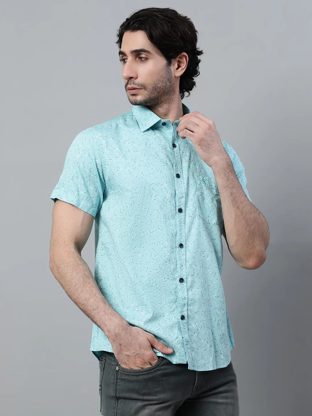 Men's Aqua Blue Casual Abstract Print Half Sleeve Shirt