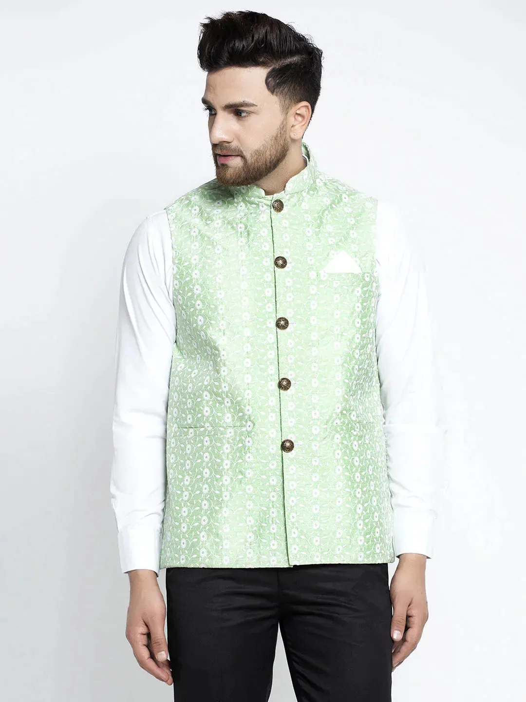 Men'S Green Embroidered Nehru Jacket