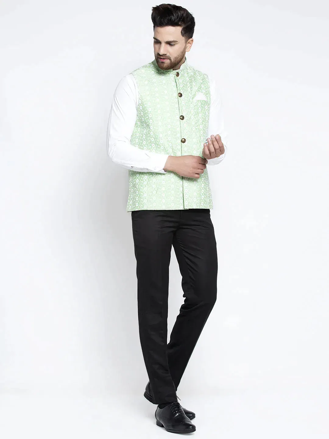 Men'S Green Embroidered Nehru Jacket