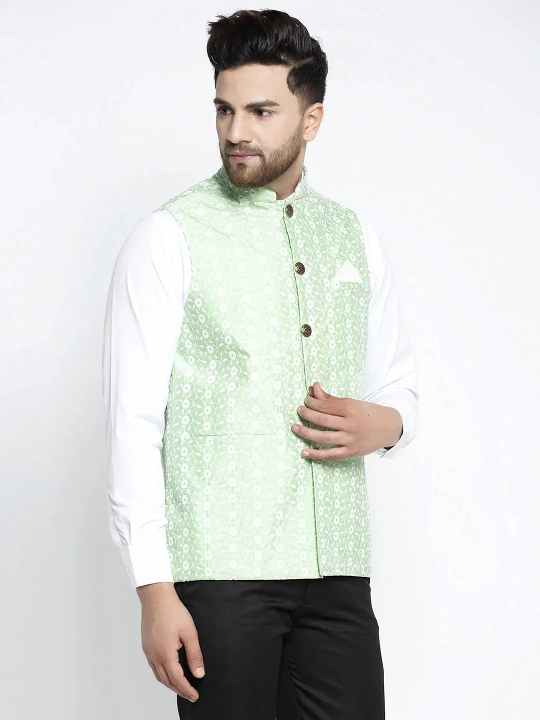 Men'S Green Embroidered Nehru Jacket