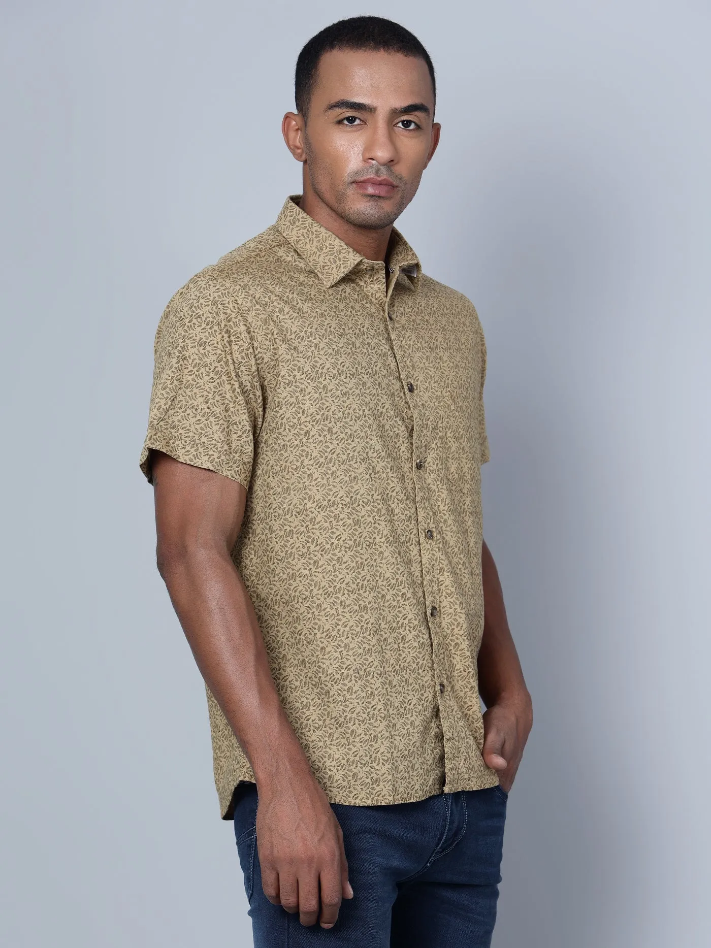 Men's Khaki Casual Abstract Print Half Sleeve Shirt