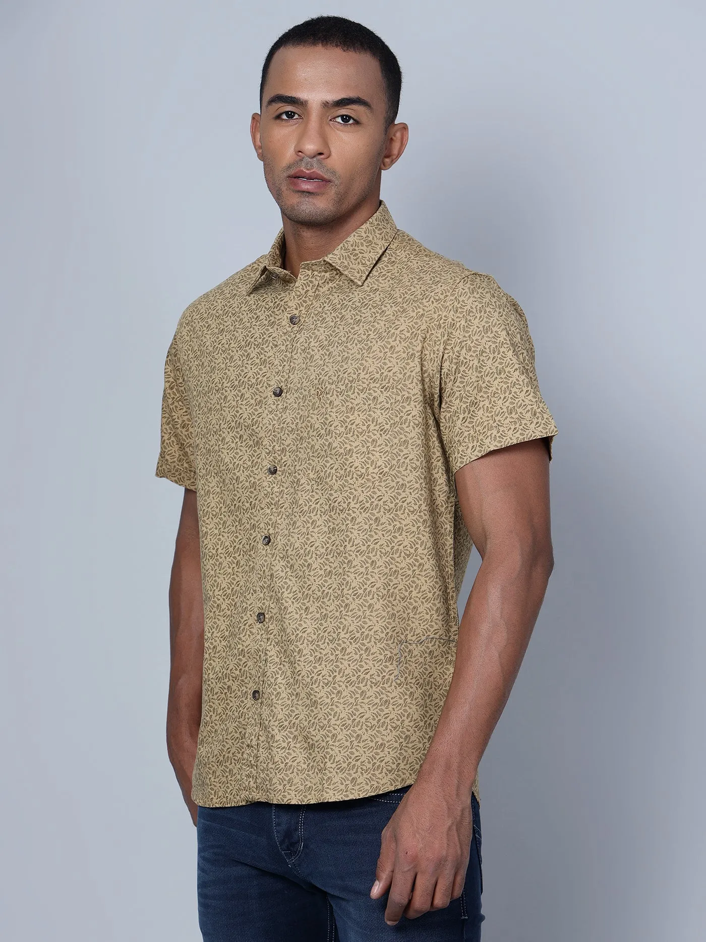 Men's Khaki Casual Abstract Print Half Sleeve Shirt