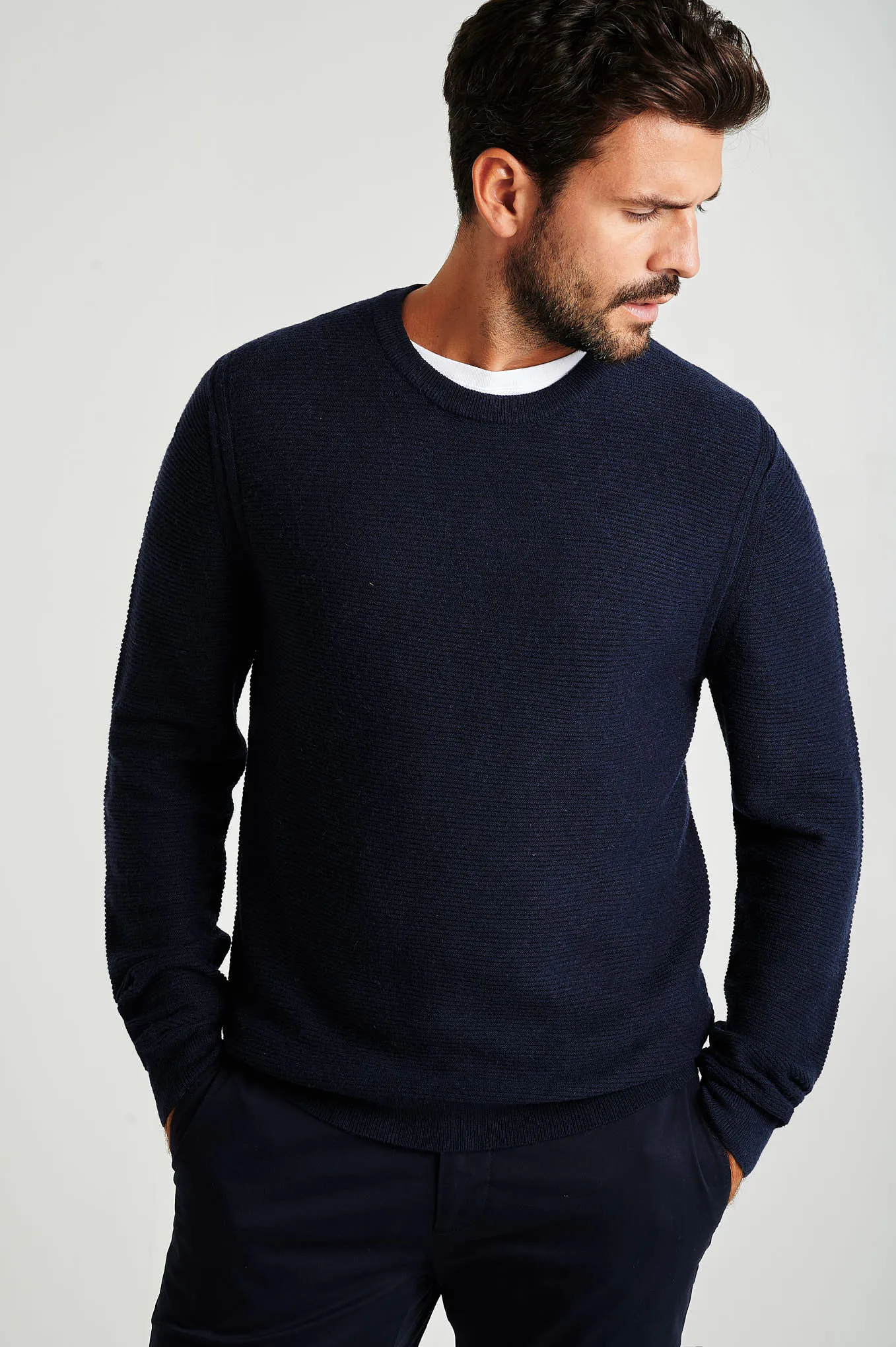 Men's long sleeve crew neck merino wool blend sweater