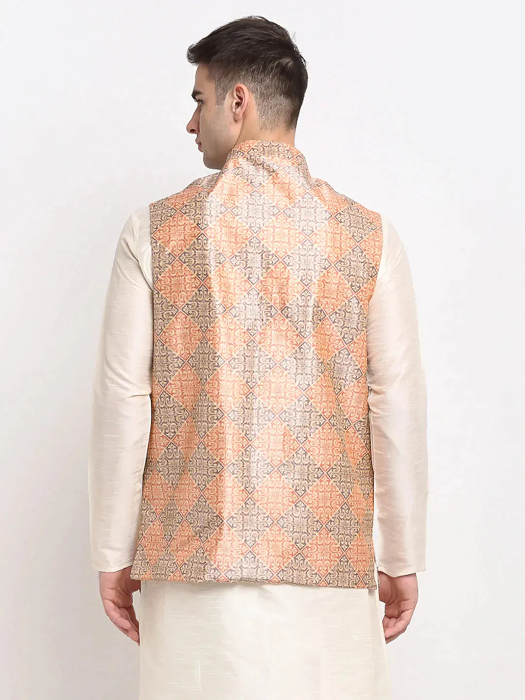 Men'S Peach Digital Printed Peach-Purple Waistcoat