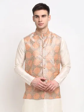 Men'S Peach Digital Printed Peach-Purple Waistcoat