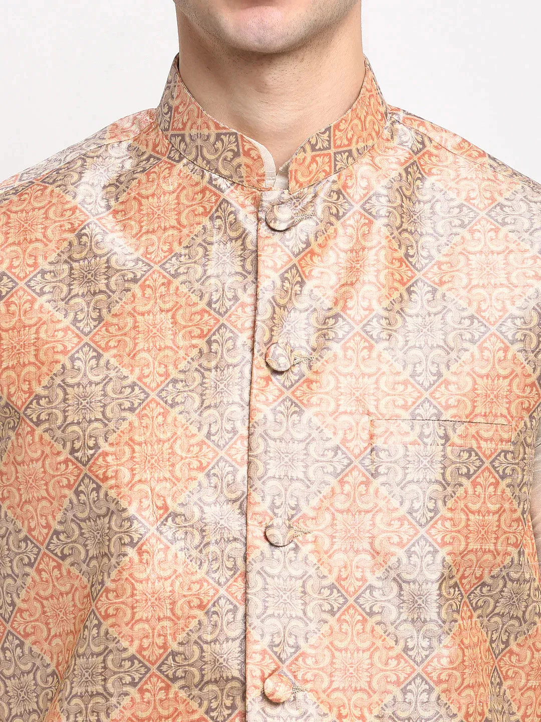 Men'S Peach Digital Printed Peach-Purple Waistcoat