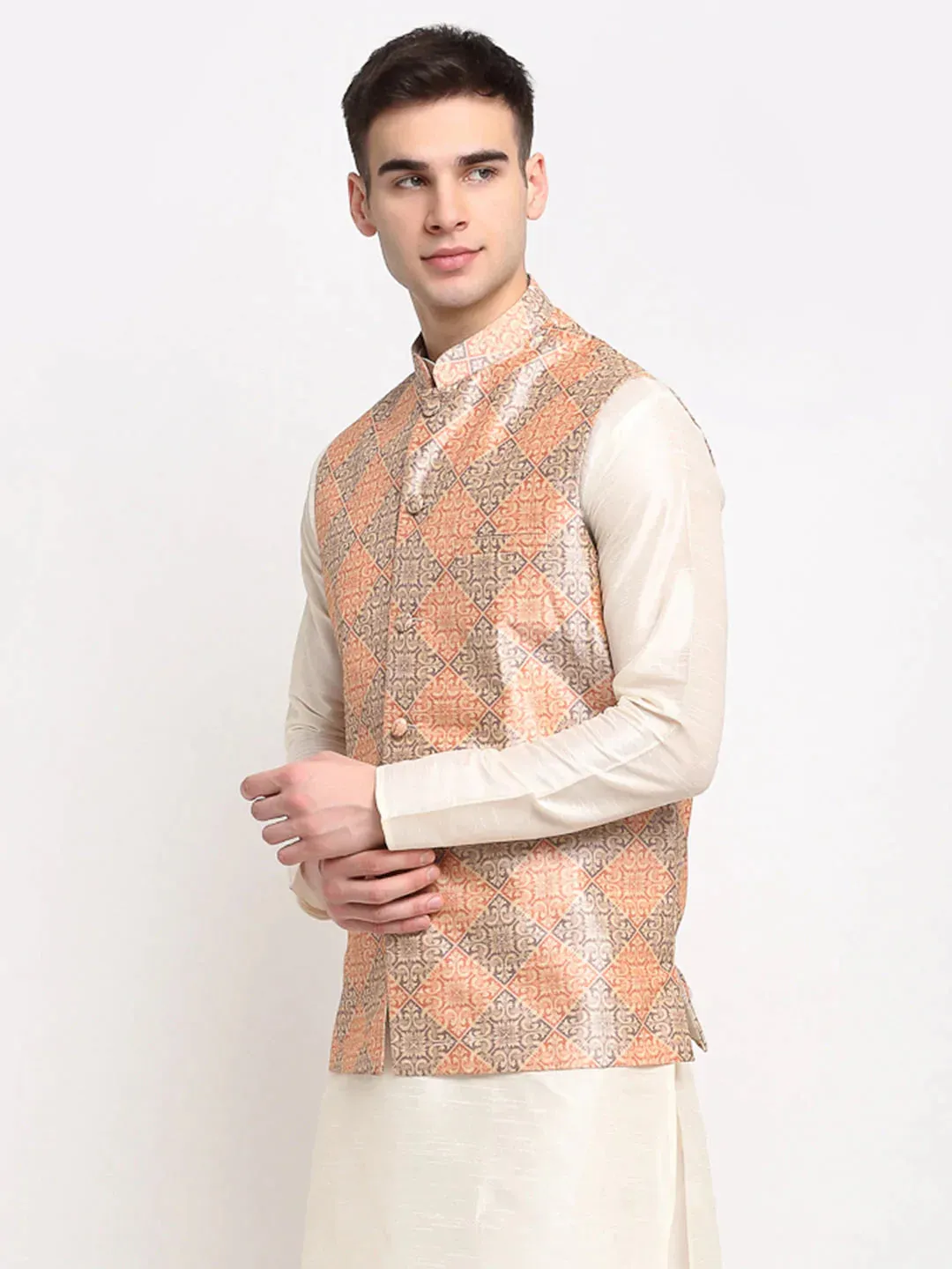 Men'S Peach Digital Printed Peach-Purple Waistcoat