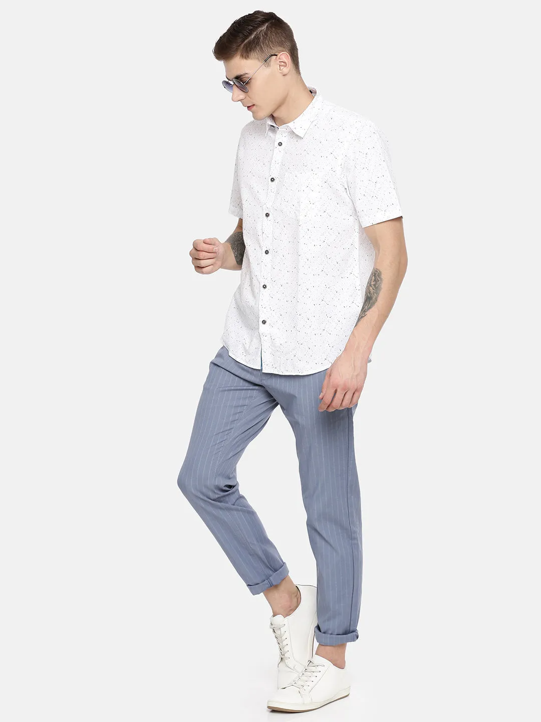 MEN'S WHITE ABSTRACT PRINT SLIM FIT SHIRT