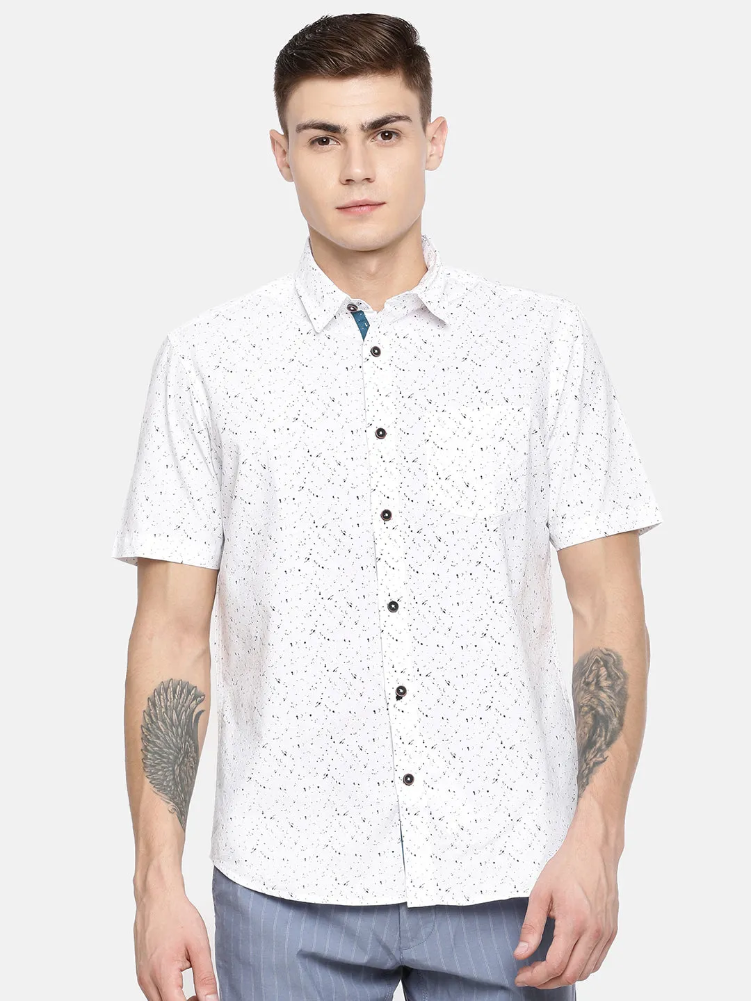 MEN'S WHITE ABSTRACT PRINT SLIM FIT SHIRT