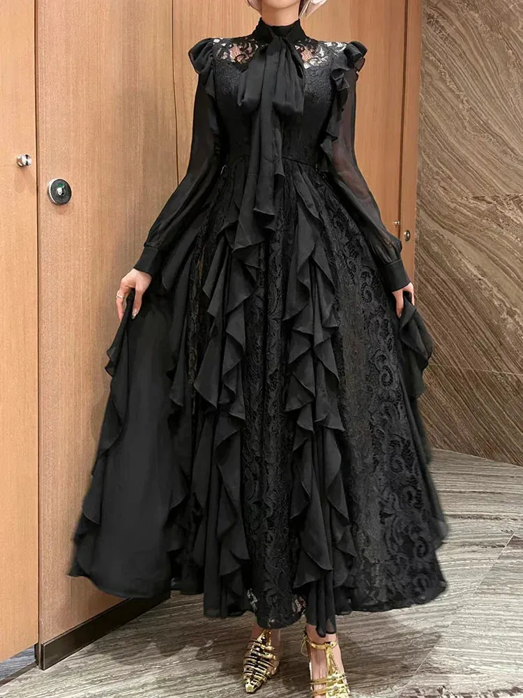 Metaversmall Solid Elegant Hollow Out Dresses For Women Turtleneck Long Sleeve High Waist Patchwork Lace Up Chic Dress Female